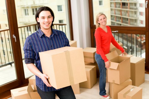 Packed office and retail items ready for commercial relocation